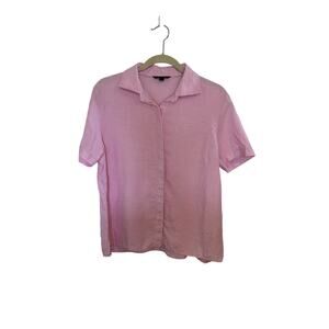 Lands End 100% Linen Pink Button Up Short Sleeve Size Large Coastal Resort Wear